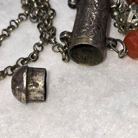 Antique Silver Prayer Scroll Pendant Necklace Carnelian & Filigree Charms HS140 - Picture 8 of 11